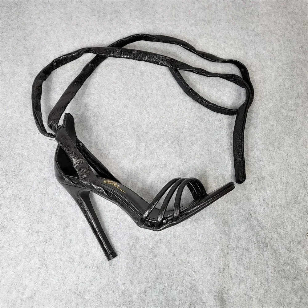 * So Me Black Metallic Tie Up Strappy High Heel Shoes